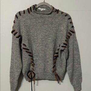 Woven Heart Gray Sweater with Brown and black lace up Details. Size: Medium NWT
